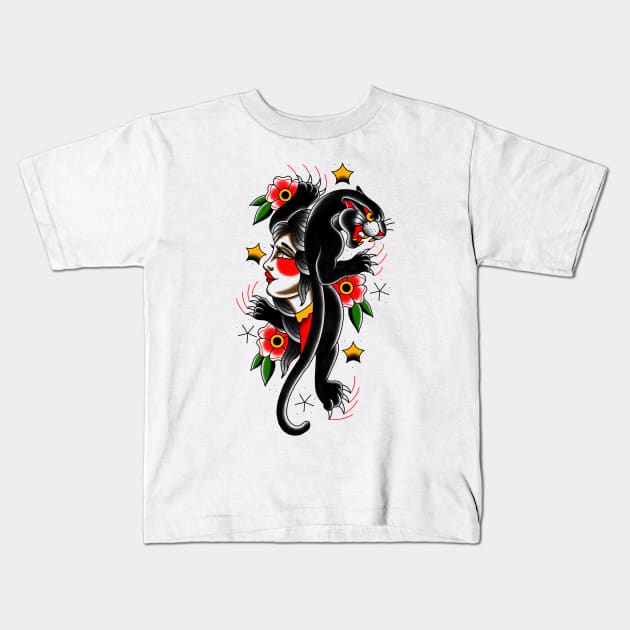 Old School Traditional Panther With Woman Tattoo Kids T-Shirt by Victor Gomes